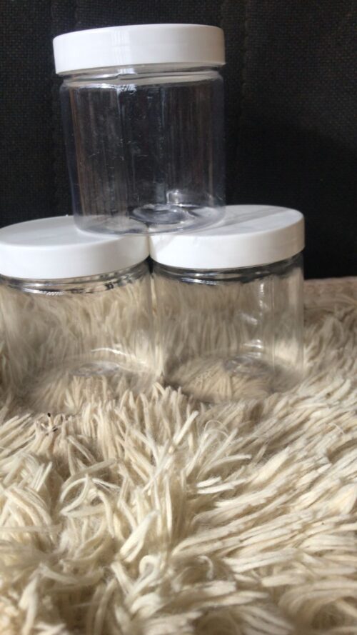 ROUND PLASTIC JAR WITH WHITE SCREW TOP LIDS